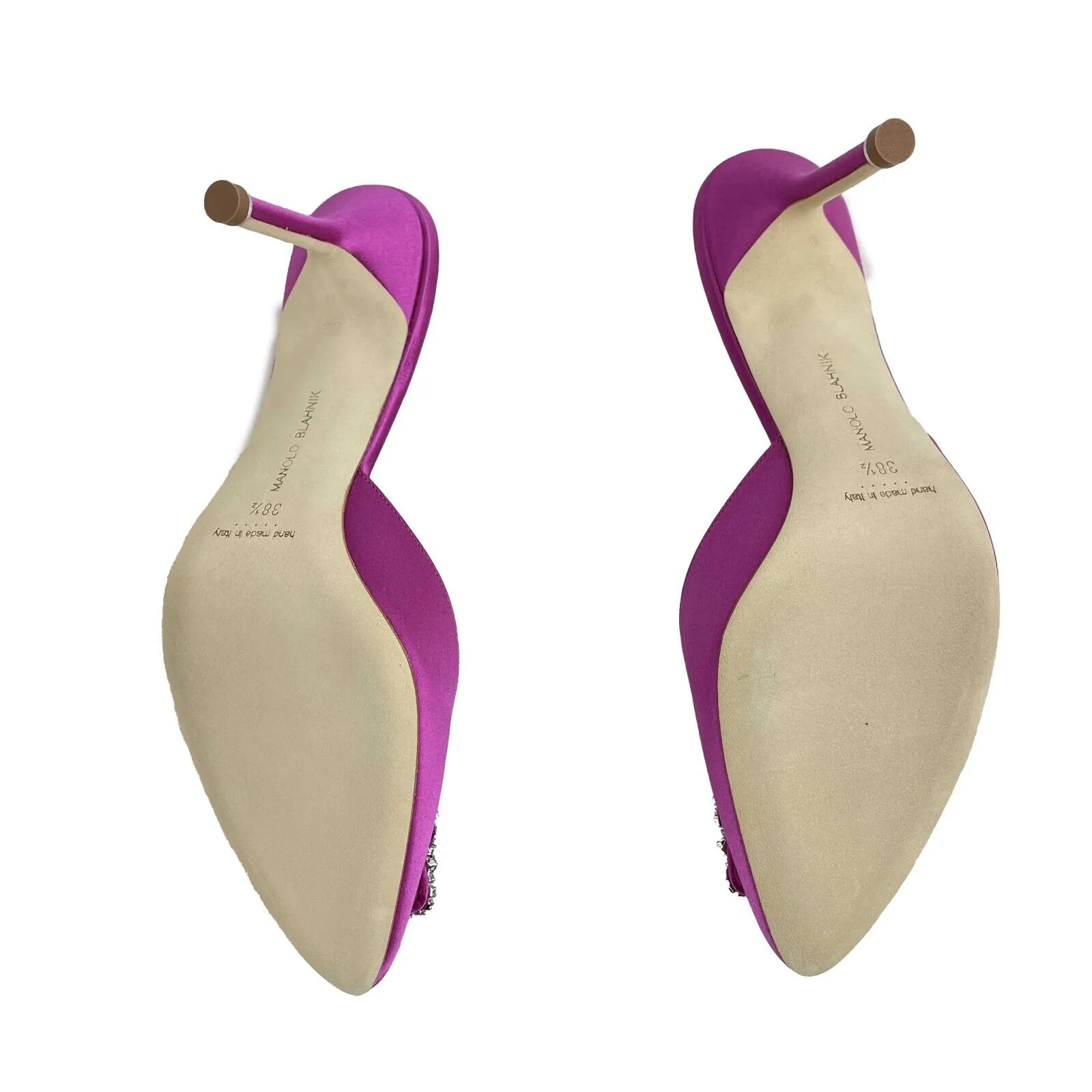 Manolo Blahnik-Hangisimu satin crystal buckle mules-38 1/2 EU, US 7.5-Shoes