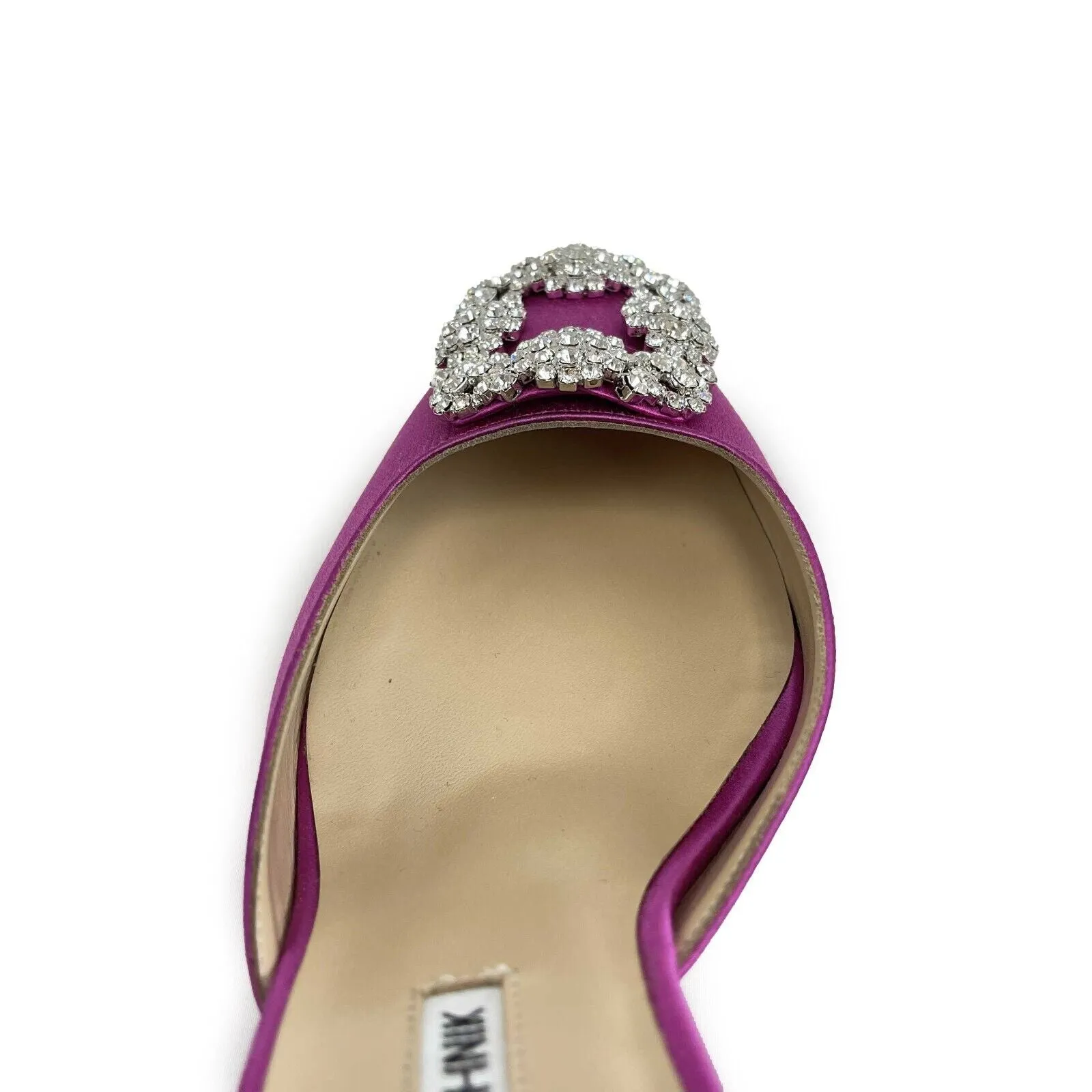 Manolo Blahnik-Hangisimu satin crystal buckle mules-38 1/2 EU, US 7.5-Shoes