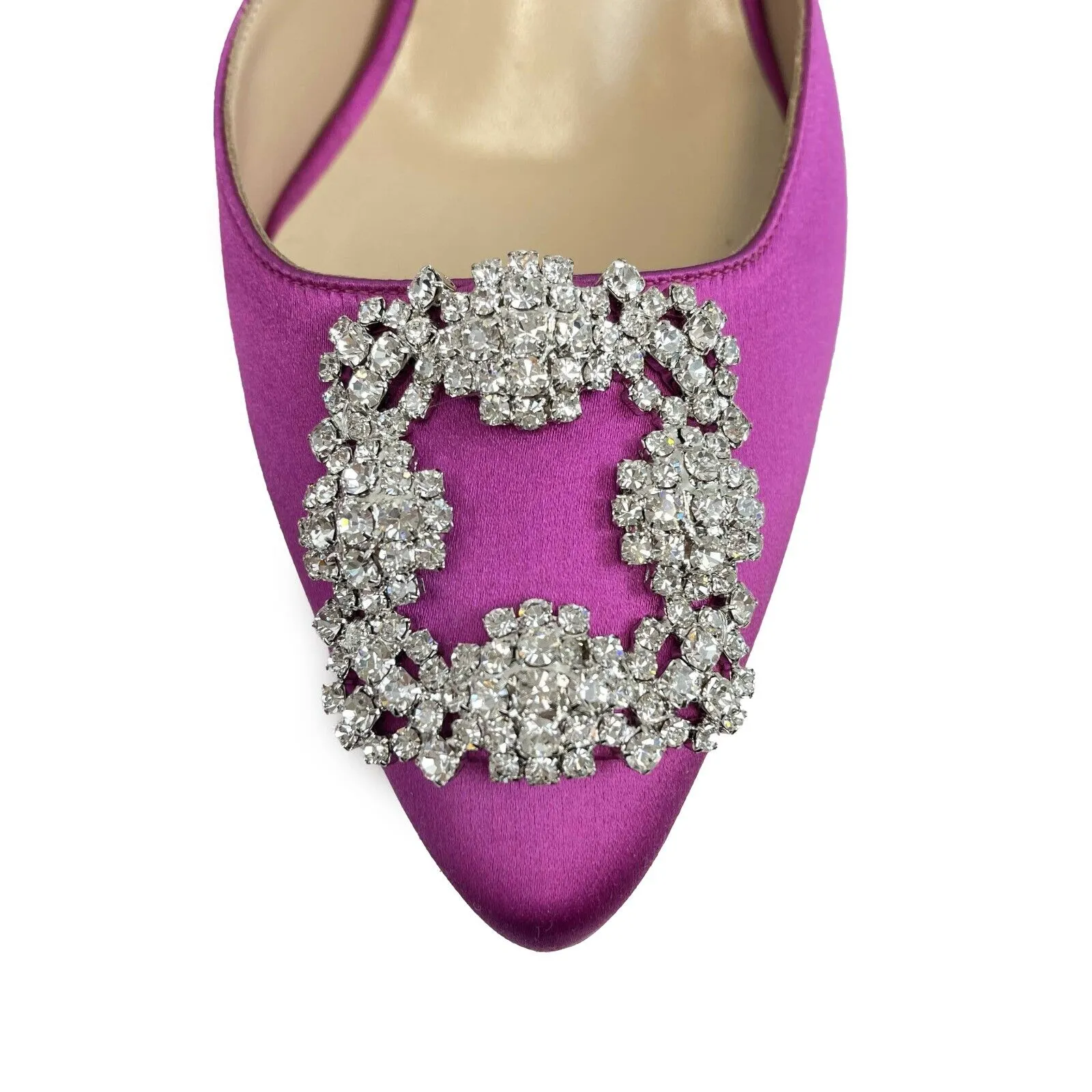 Manolo Blahnik-Hangisimu satin crystal buckle mules-38 1/2 EU, US 7.5-Shoes