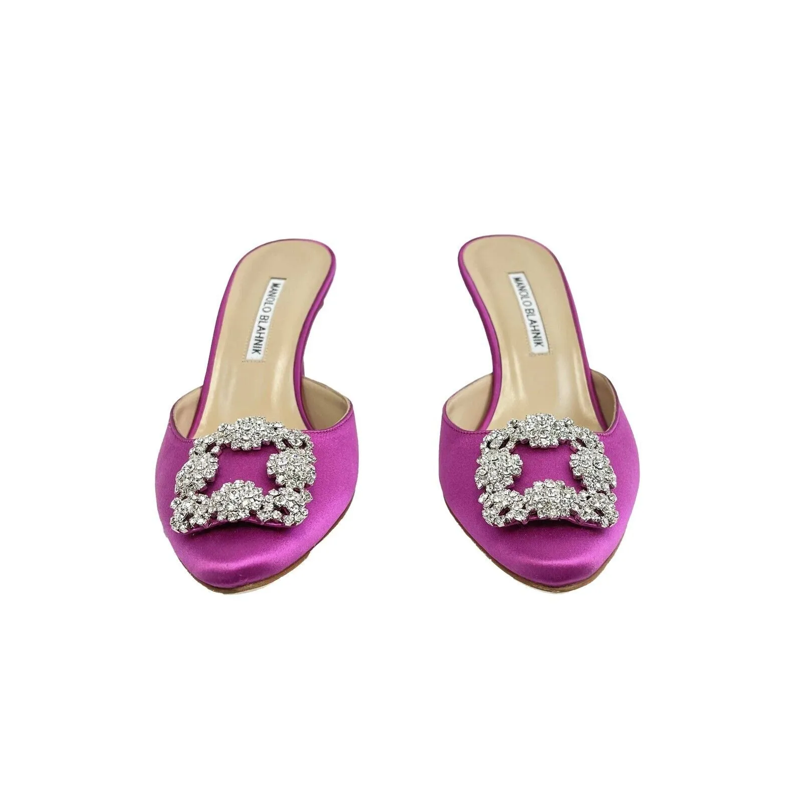 Manolo Blahnik-Hangisimu satin crystal buckle mules-38 1/2 EU, US 7.5-Shoes