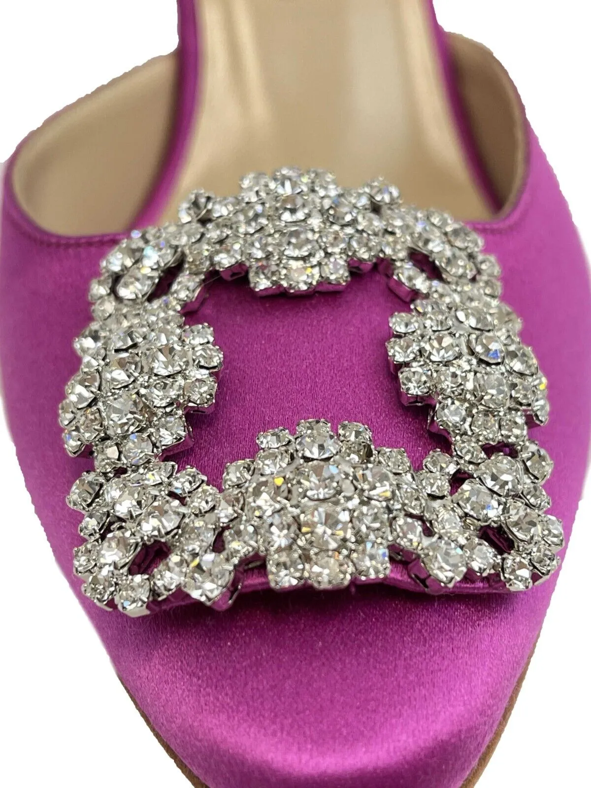 Manolo Blahnik-Hangisimu satin crystal buckle mules-38 1/2 EU, US 7.5-Shoes
