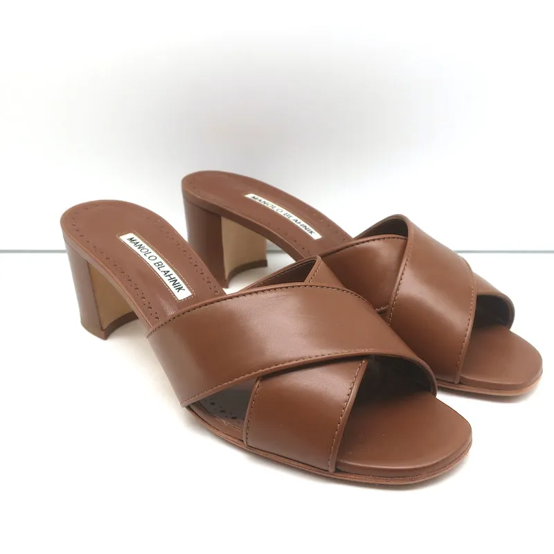 Manolo Blahnik Otawi Crisscross Mules Brown Leather Size 41 Open Toe Sandals