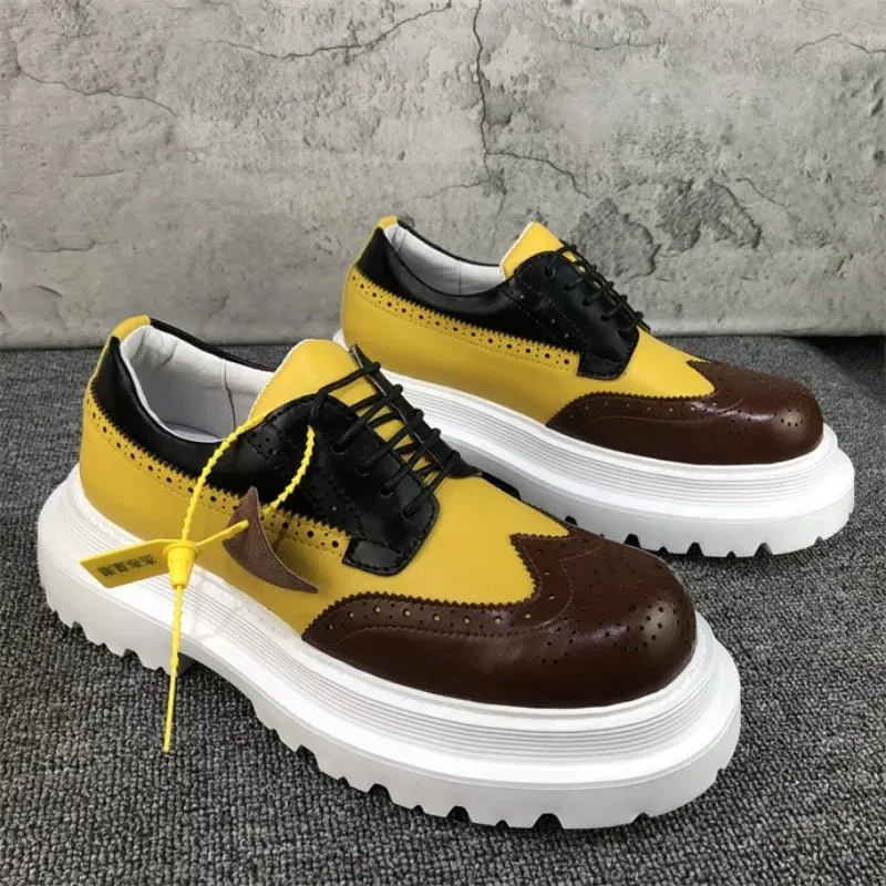 Men Brogue Shoes Thick Sole Heightening Casual Leather Shoes