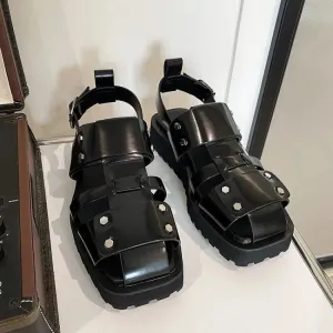 Mens Vintage Thick Platform Gladiator Sandals Summer Casual Square Toe Shoes