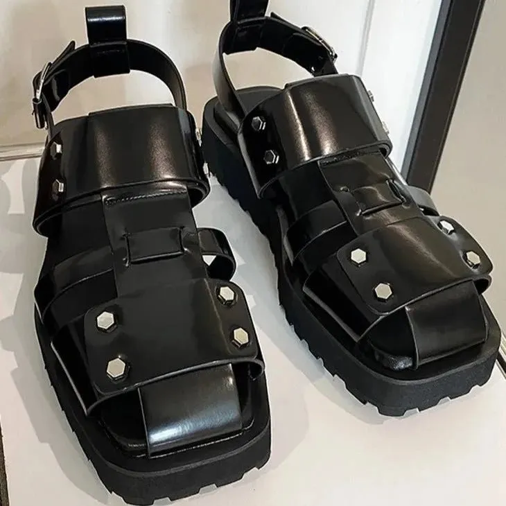 Mens Vintage Thick Platform Gladiator Sandals Summer Casual Square Toe Shoes