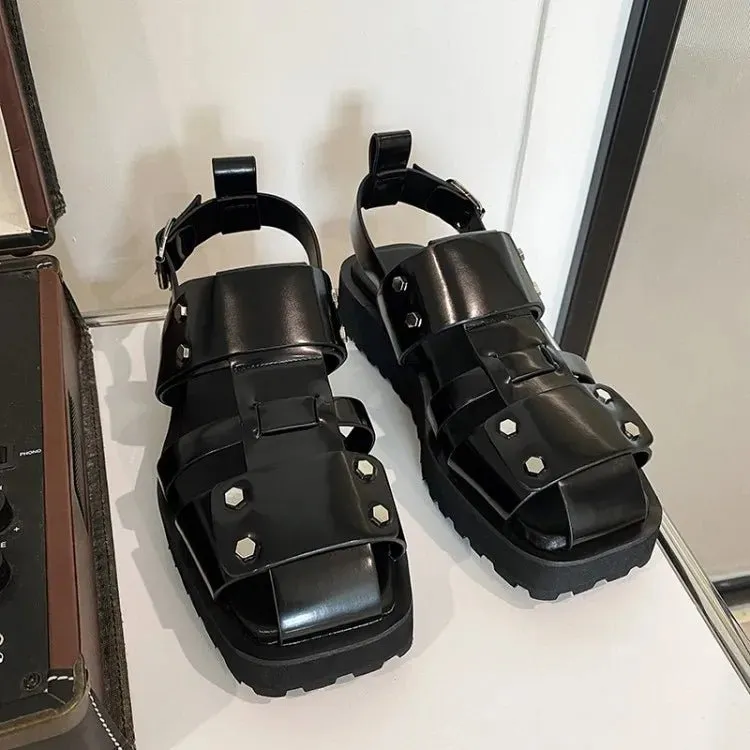 Mens Vintage Thick Platform Gladiator Sandals Summer Casual Square Toe Shoes