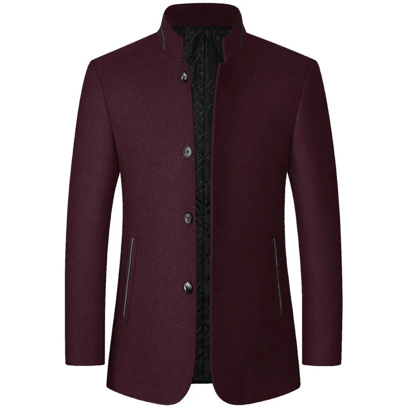 Men’s Wool-Blend Coat - Mid-Length - Standing Collar - Button-Up - Lined Warm Outerwear