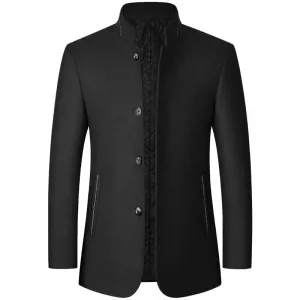 Men’s Wool-Blend Coat - Mid-Length - Standing Collar - Button-Up - Lined Warm Outerwear