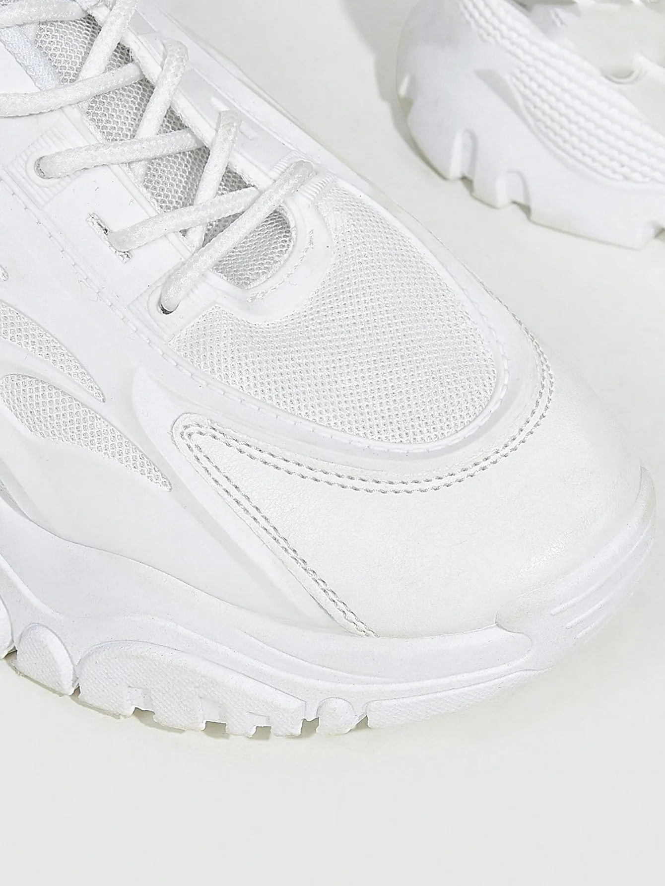 Mesh Surface White Lace Up Chunky White Sneakers