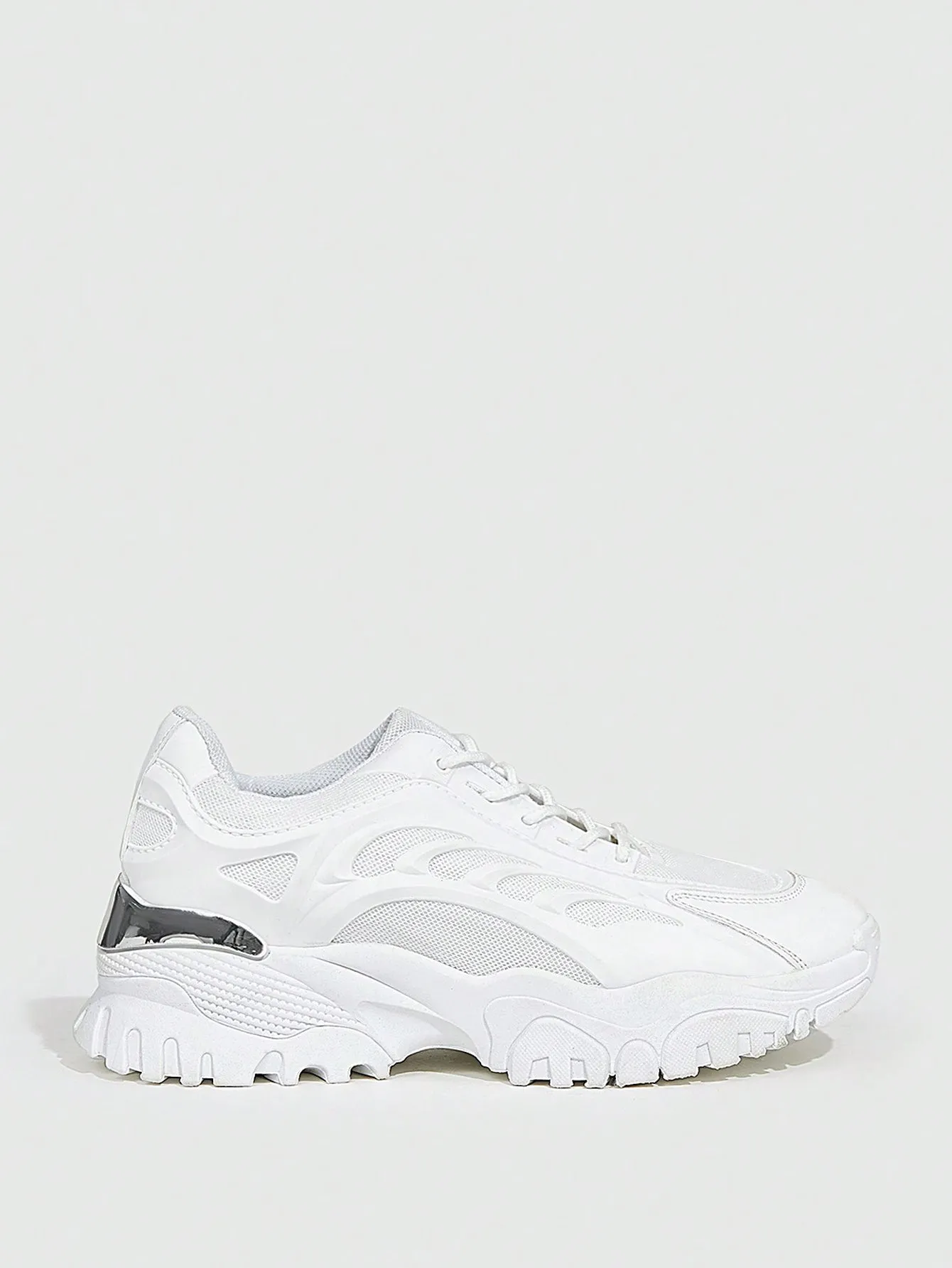 Mesh Surface White Lace Up Chunky White Sneakers