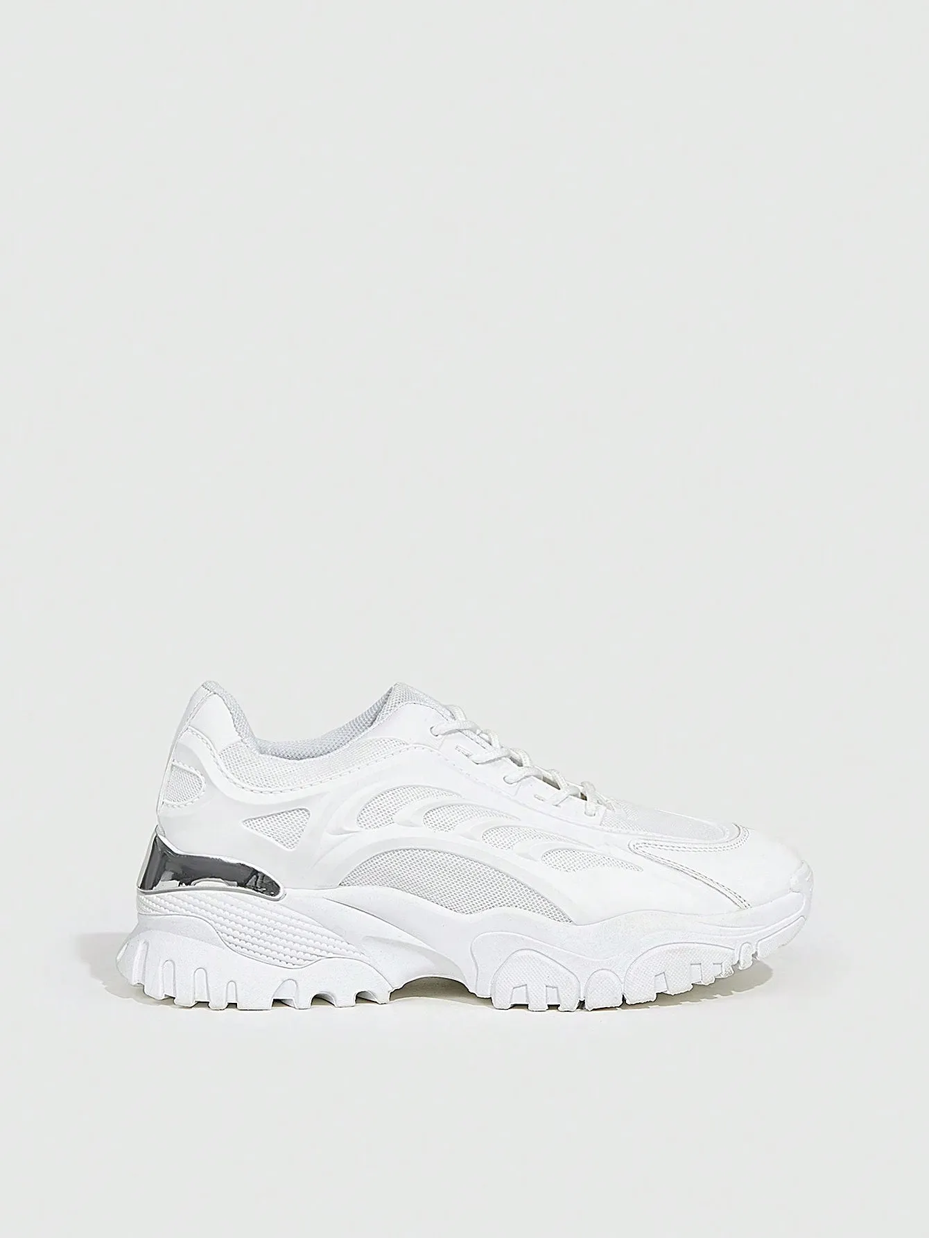 Mesh Surface White Lace Up Chunky White Sneakers