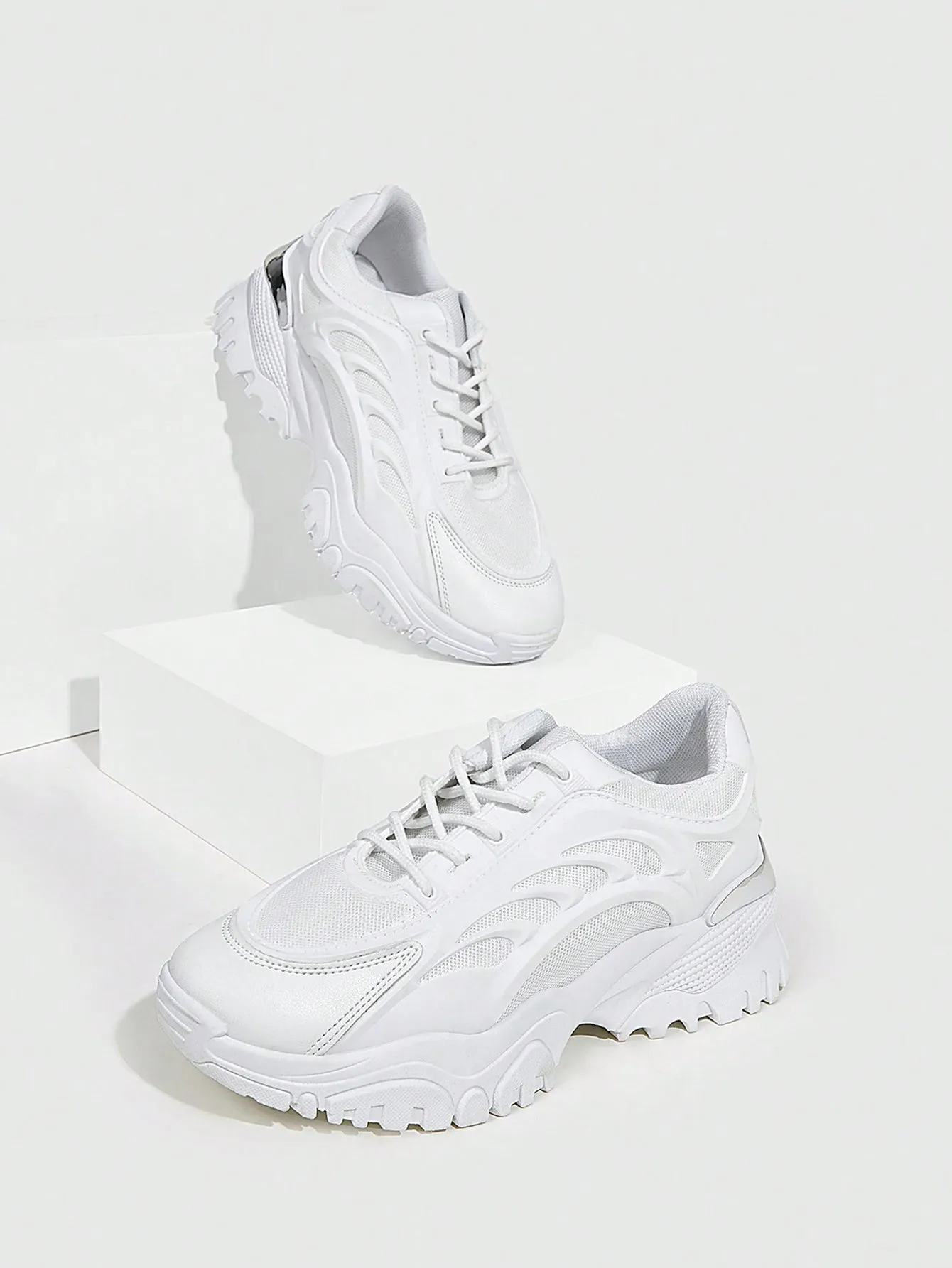 Mesh Surface White Lace Up Chunky White Sneakers