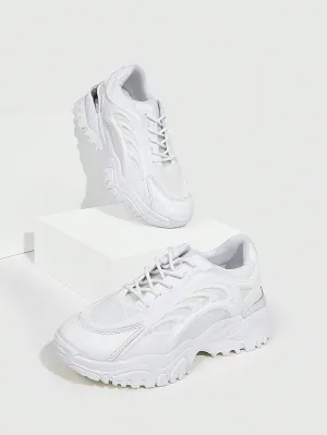 Mesh Surface White Lace Up Chunky White Sneakers