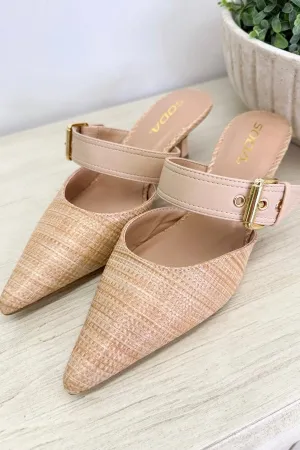 Natural Raffia Buckle Kitten Heel
