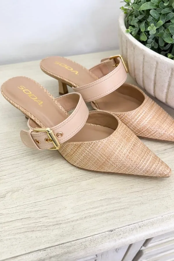 Natural Raffia Buckle Kitten Heel