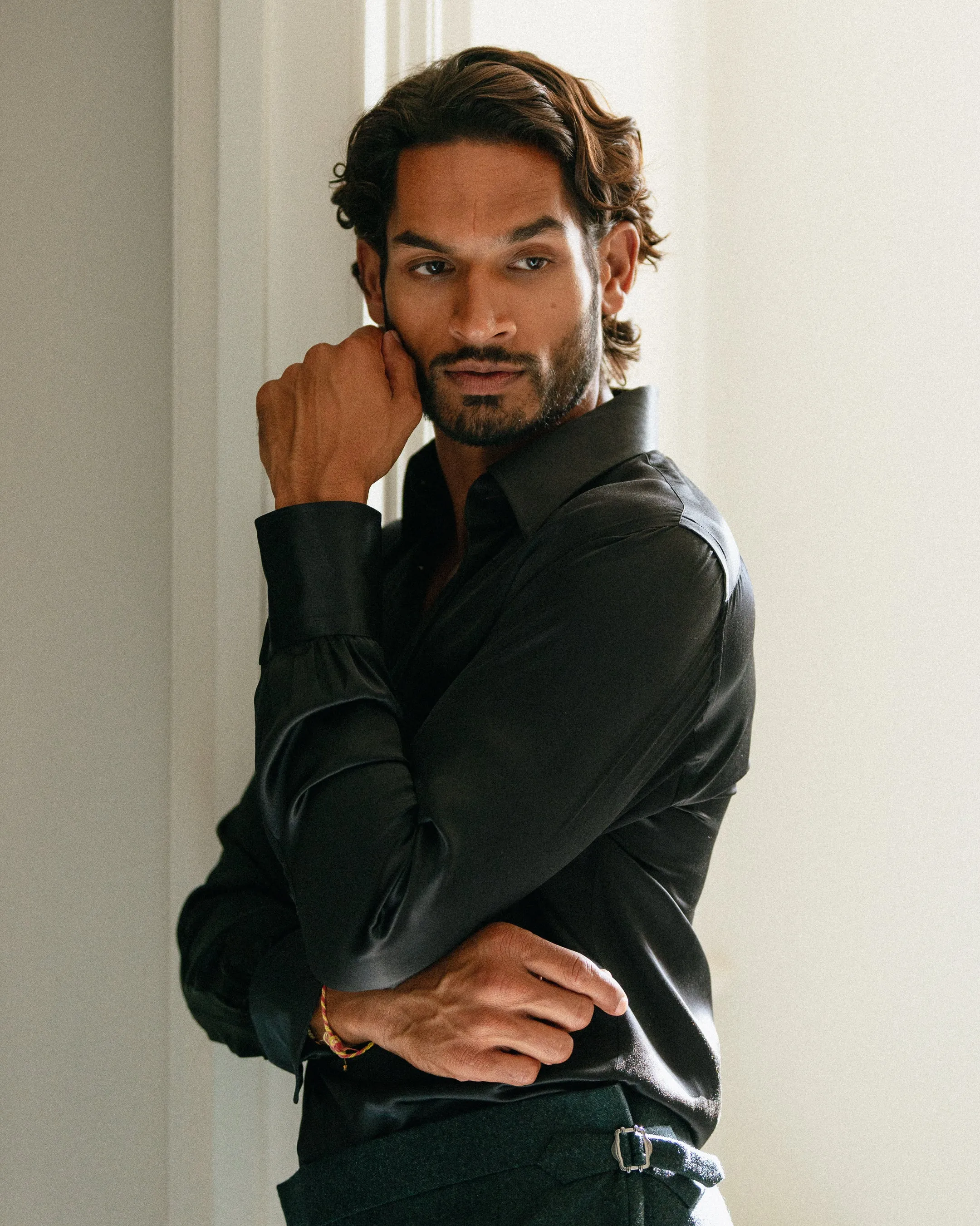 Navy Point Collar Silk Shirt