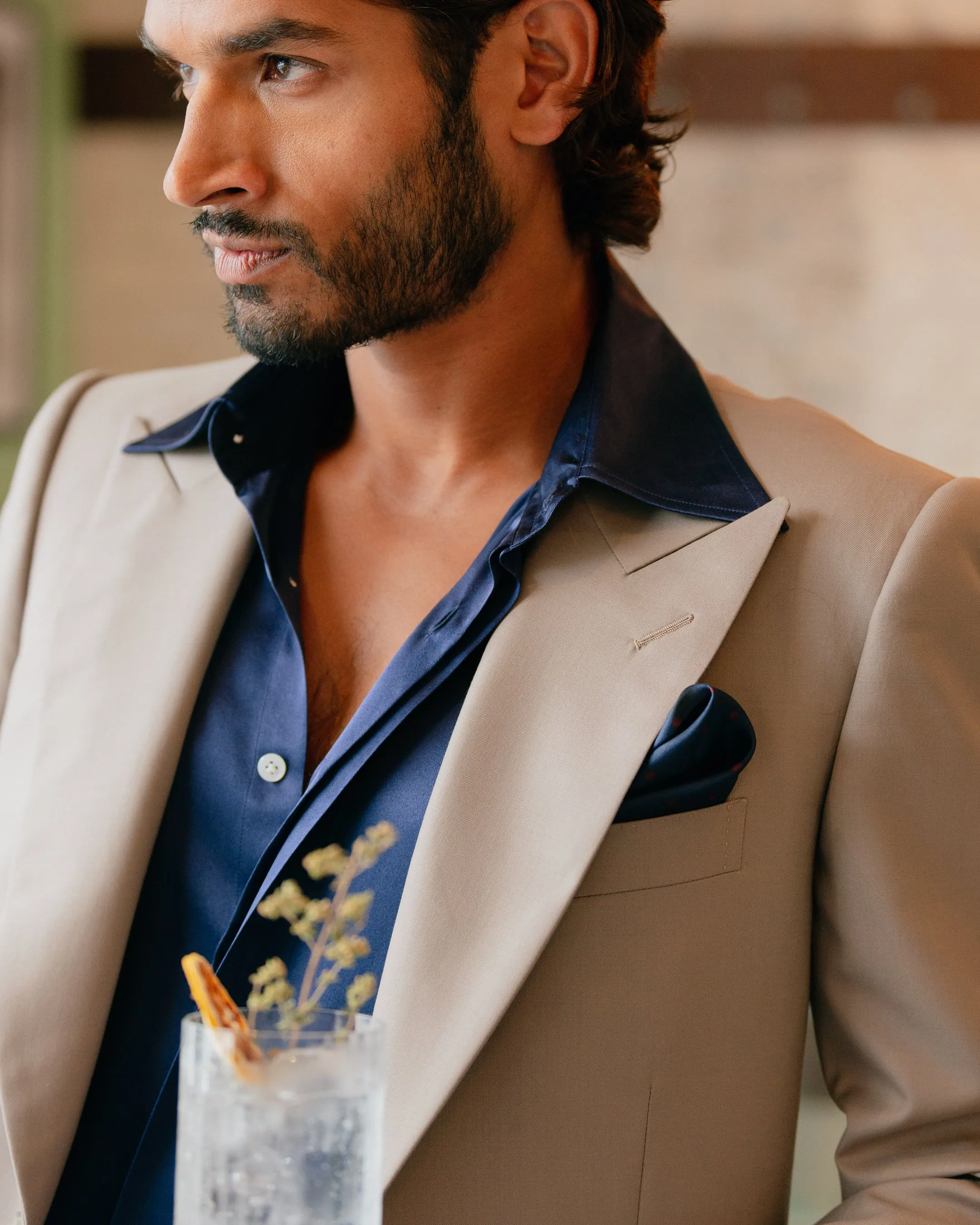 Navy Point Collar Silk Shirt