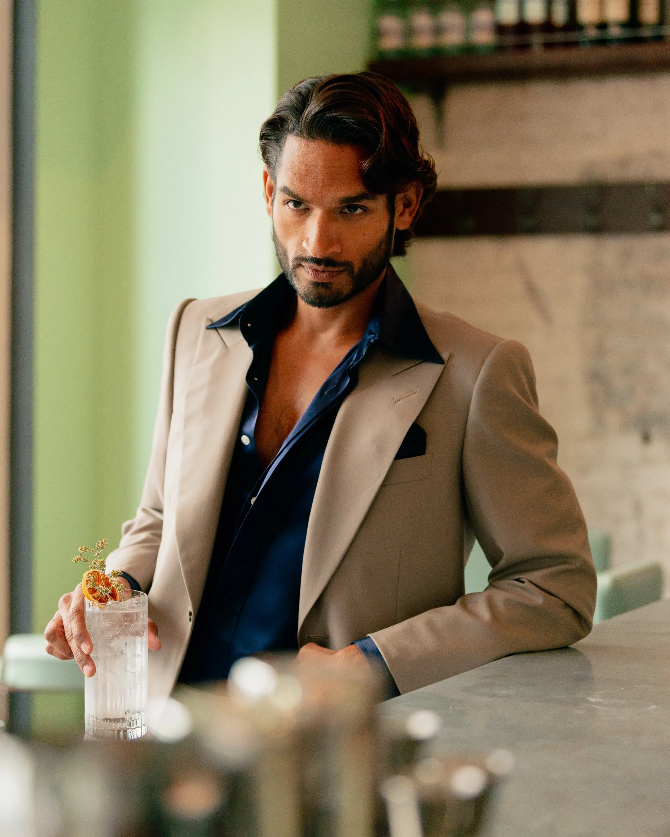 Navy Point Collar Silk Shirt