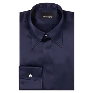 Navy Point Collar Silk Shirt
