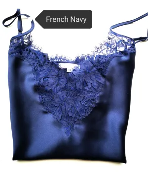 Navy  silk camisole w/ scalloped French lace