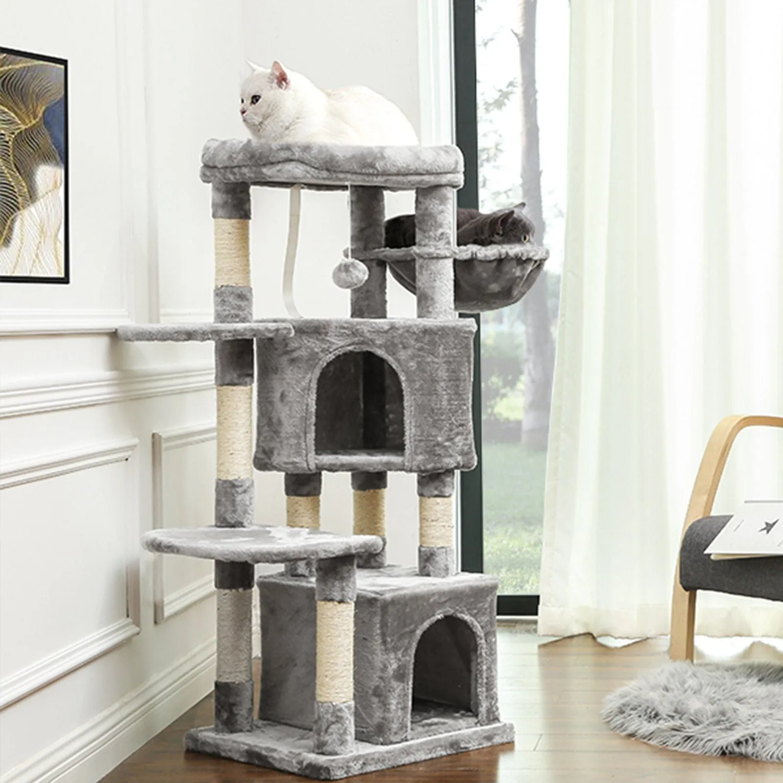 New FEANDREA scratching post, cat tree, 47" High, 2 cuddly caves, stable, anti-tilt