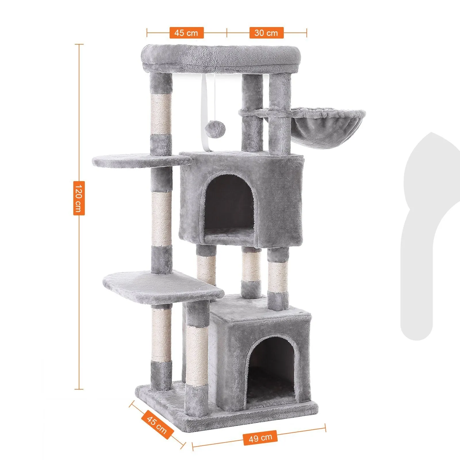 New FEANDREA scratching post, cat tree, 47" High, 2 cuddly caves, stable, anti-tilt