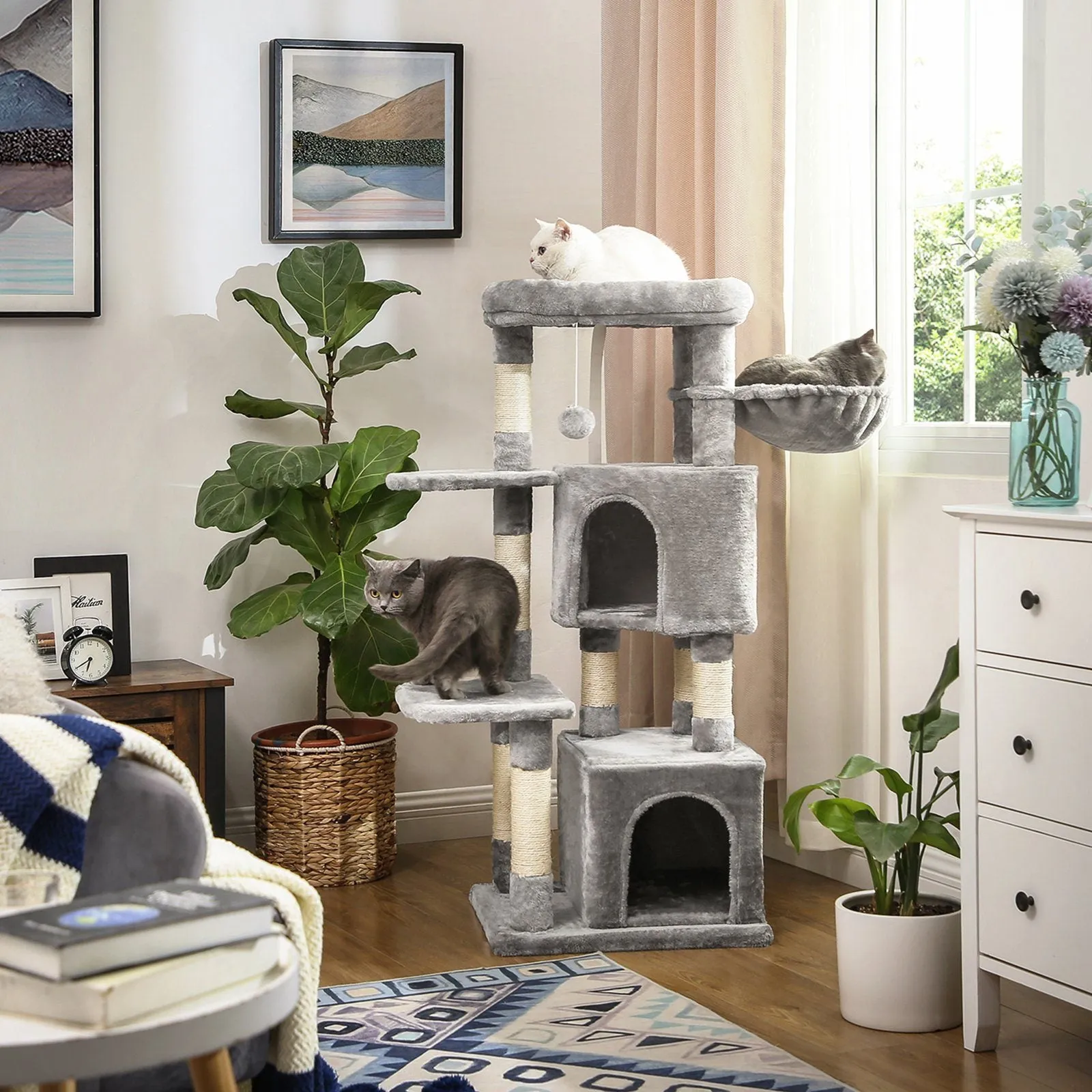 New FEANDREA scratching post, cat tree, 47" High, 2 cuddly caves, stable, anti-tilt