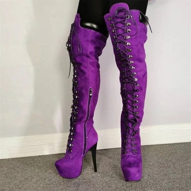 New Plus Size 34-47 Cross Tied Party Over The Knee Boots Ladies Sexy Thigh High Boots Women High Heel Shoes Woman