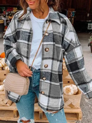 NEW Women's Spring/Fall Outerwear Casual Cotton-Blend Plaid Long Sleeve Shirt Collar Jacket, Black, Sz XL, Retails $47