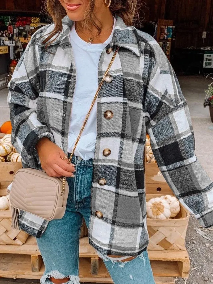 NEW Women's Spring/Fall Outerwear Casual Cotton-Blend Plaid Long Sleeve Shirt Collar Jacket, Black, Sz XL, Retails $47