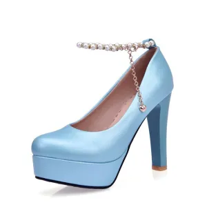 Pearl Chain Ankle Straps Platform High Heel Shoes Woman 6805