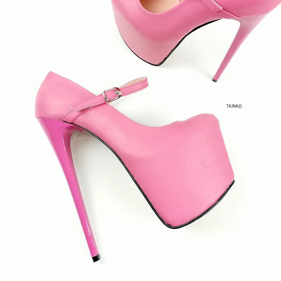 Pink Leather Mary Jane High Heel Pumps