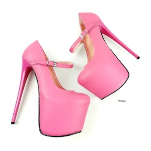 Pink Leather Mary Jane High Heel Pumps