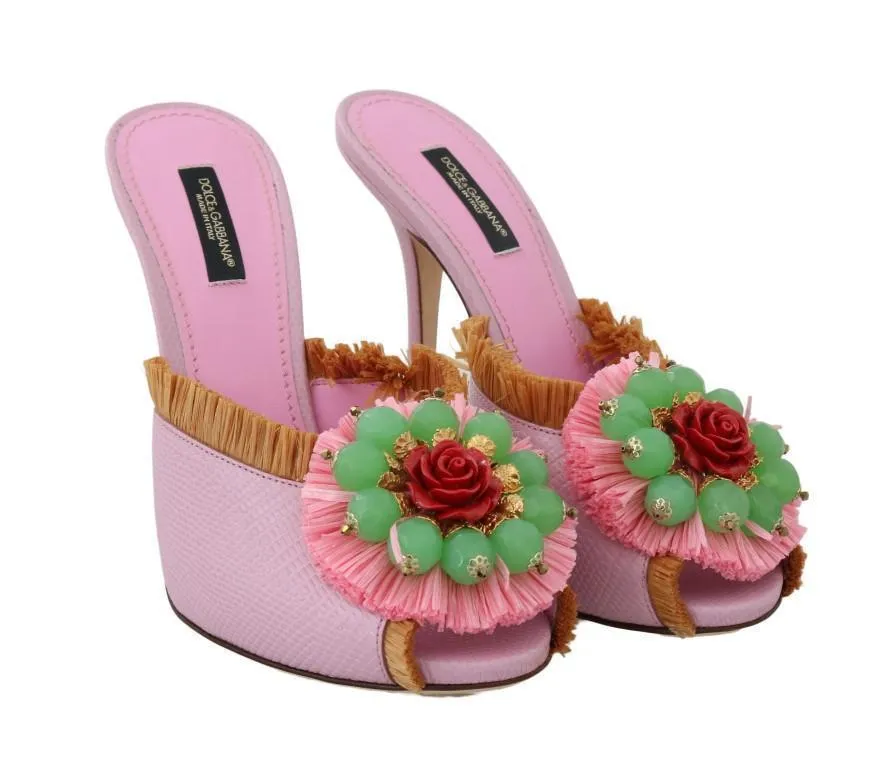 Pink Leather Slides Crystals Sandals