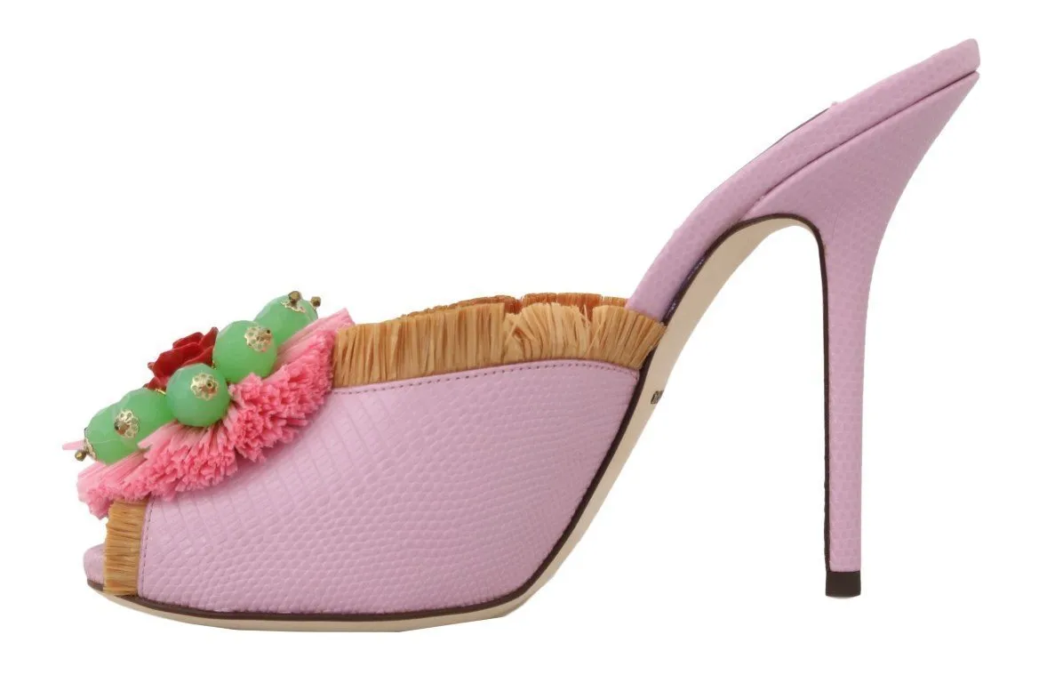 Pink Leather Slides Crystals Sandals