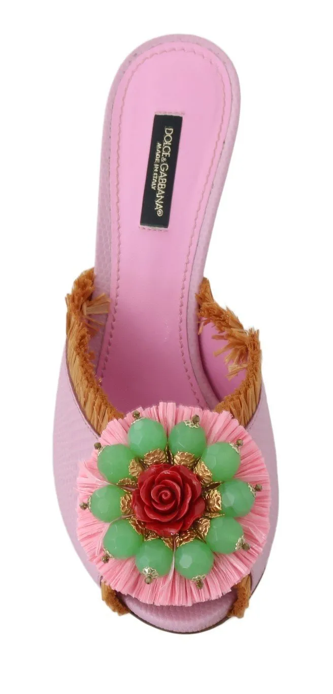 Pink Leather Slides Crystals Sandals
