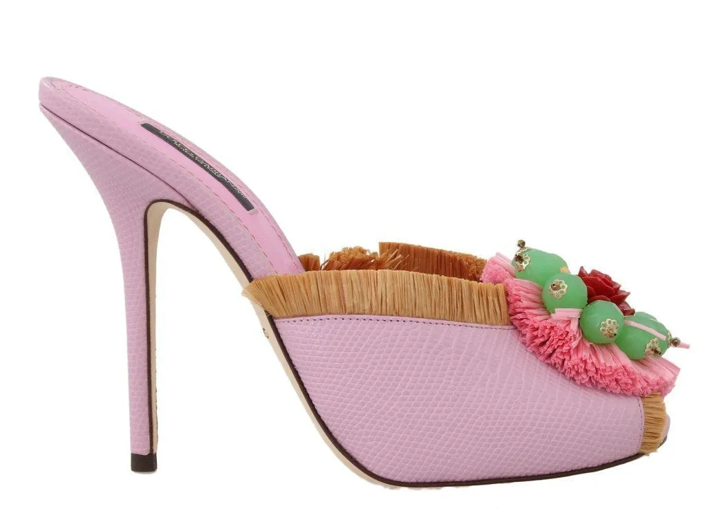 Pink Leather Slides Crystals Sandals
