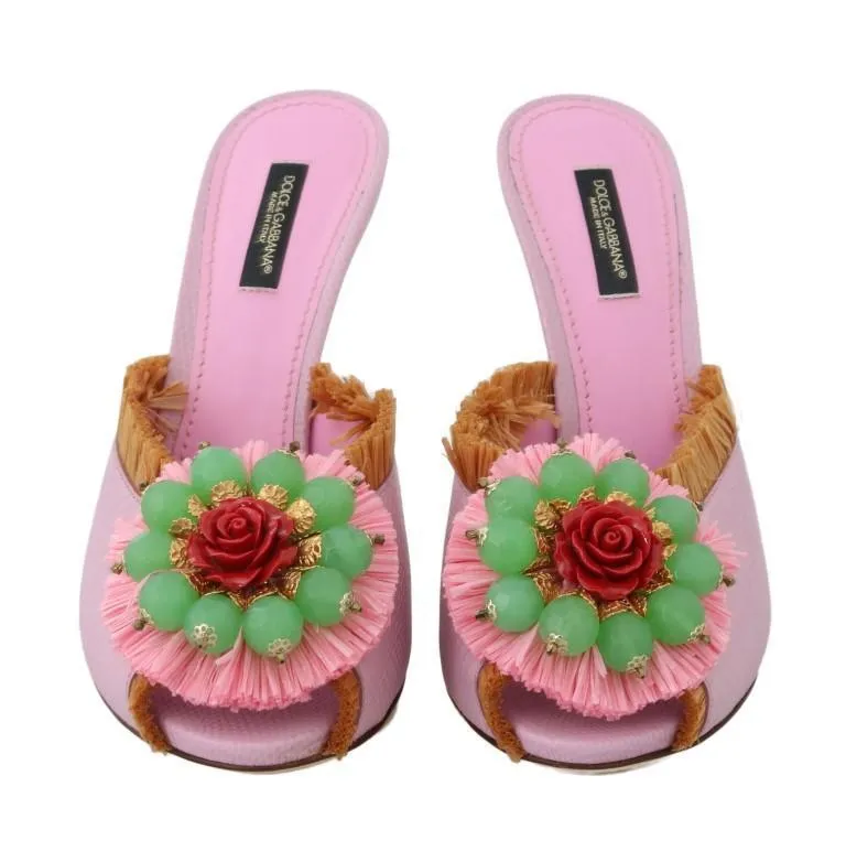Pink Leather Slides Crystals Sandals