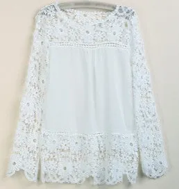Plus Size 4XL 5XL women long-sleeved chiffon flower Lace Blouse Shirt Crochet Tops