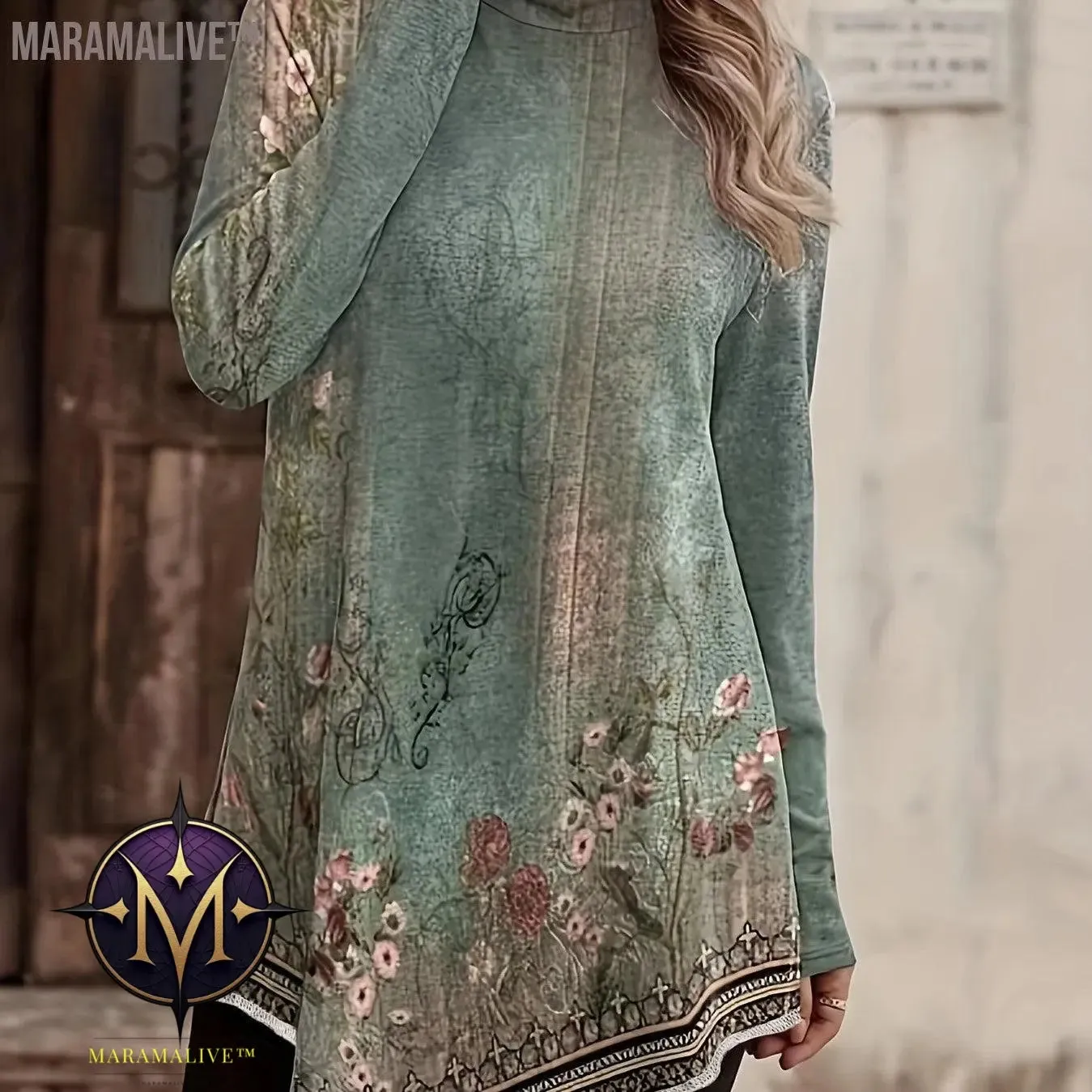 Plus Size Casual Top, Women's Plus Floral Print Long Sleeve High Neck Asymmetric Hem Tunic Top