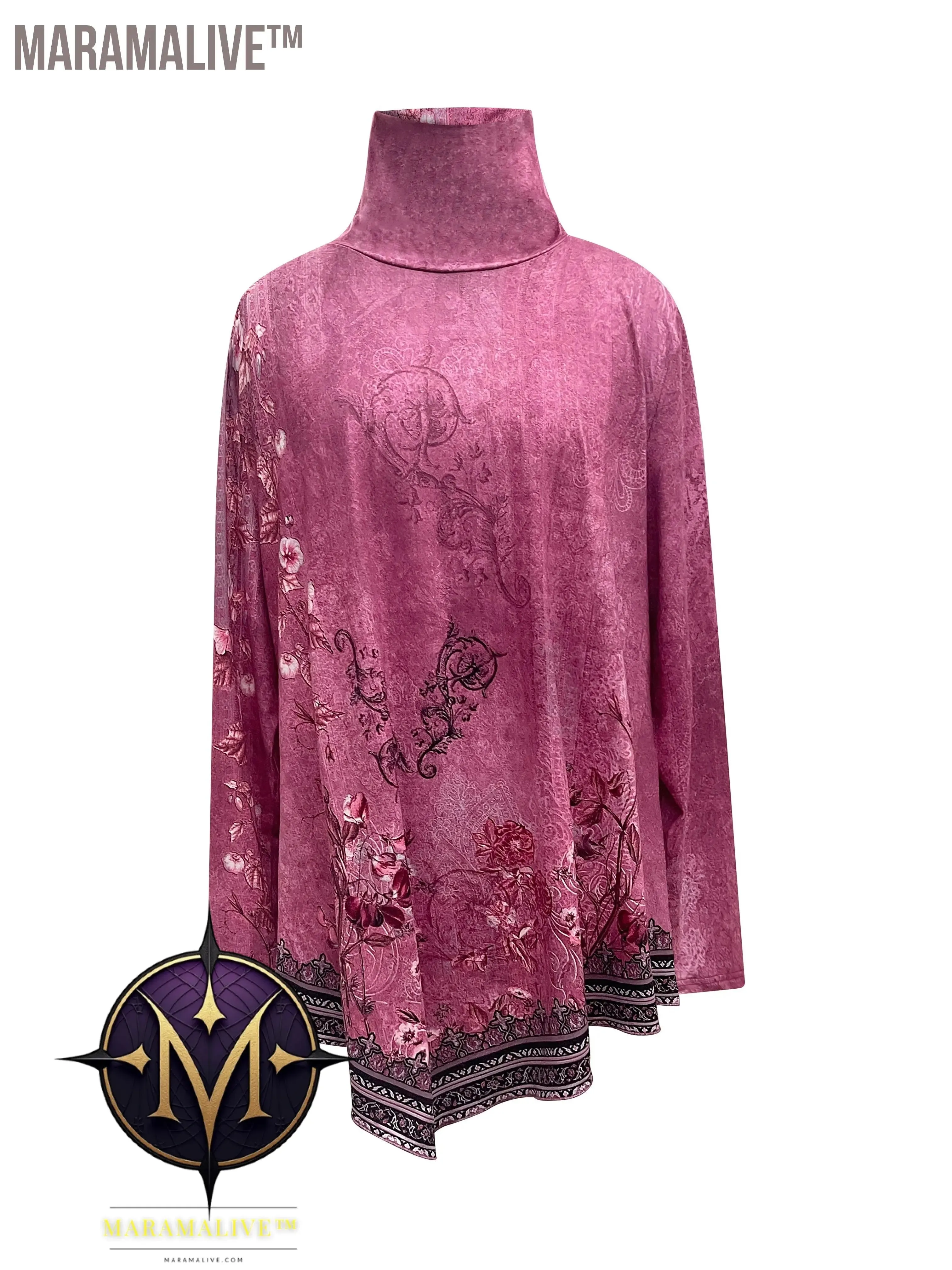 Plus Size Casual Top, Women's Plus Floral Print Long Sleeve High Neck Asymmetric Hem Tunic Top