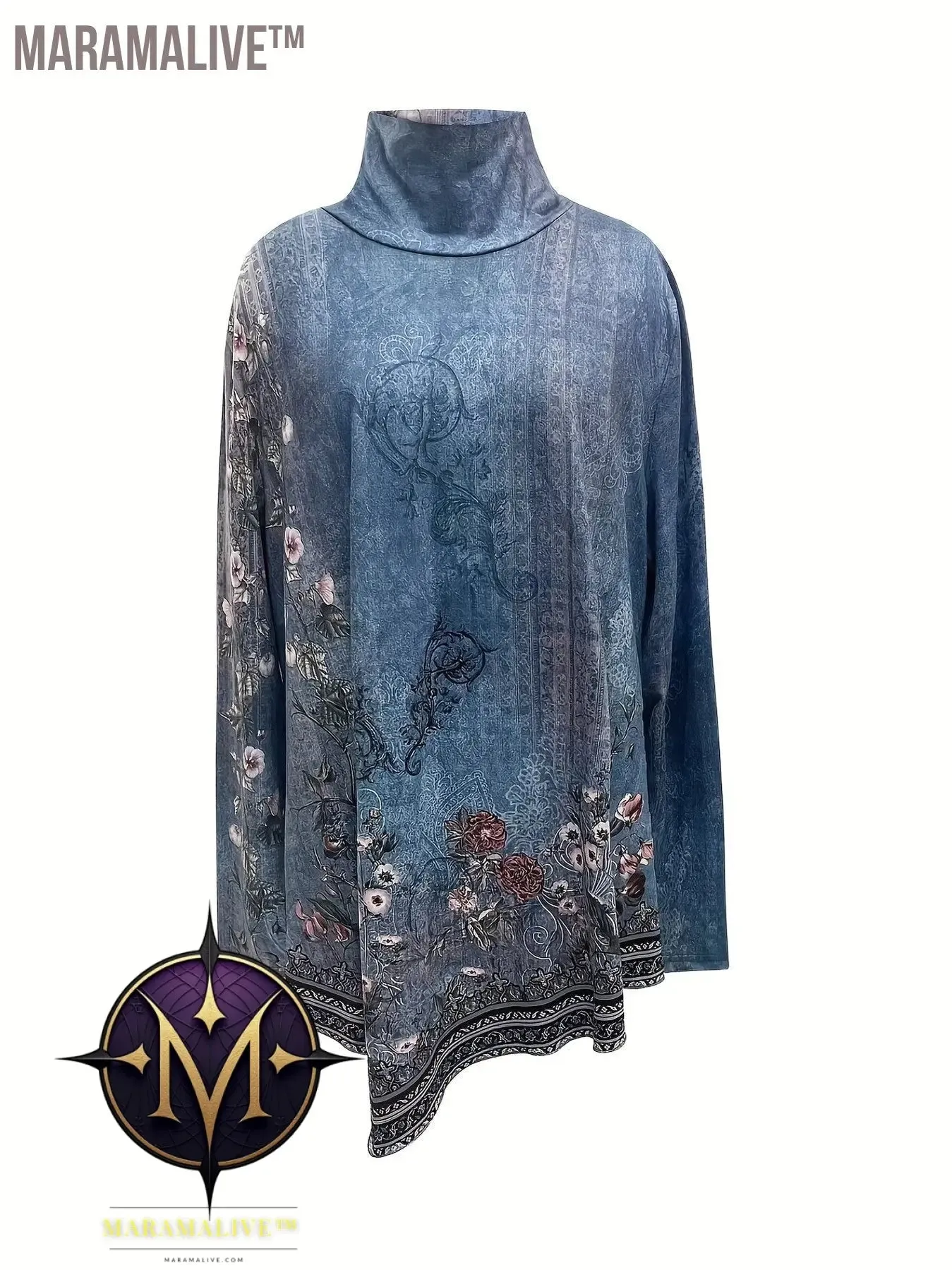 Plus Size Casual Top, Women's Plus Floral Print Long Sleeve High Neck Asymmetric Hem Tunic Top