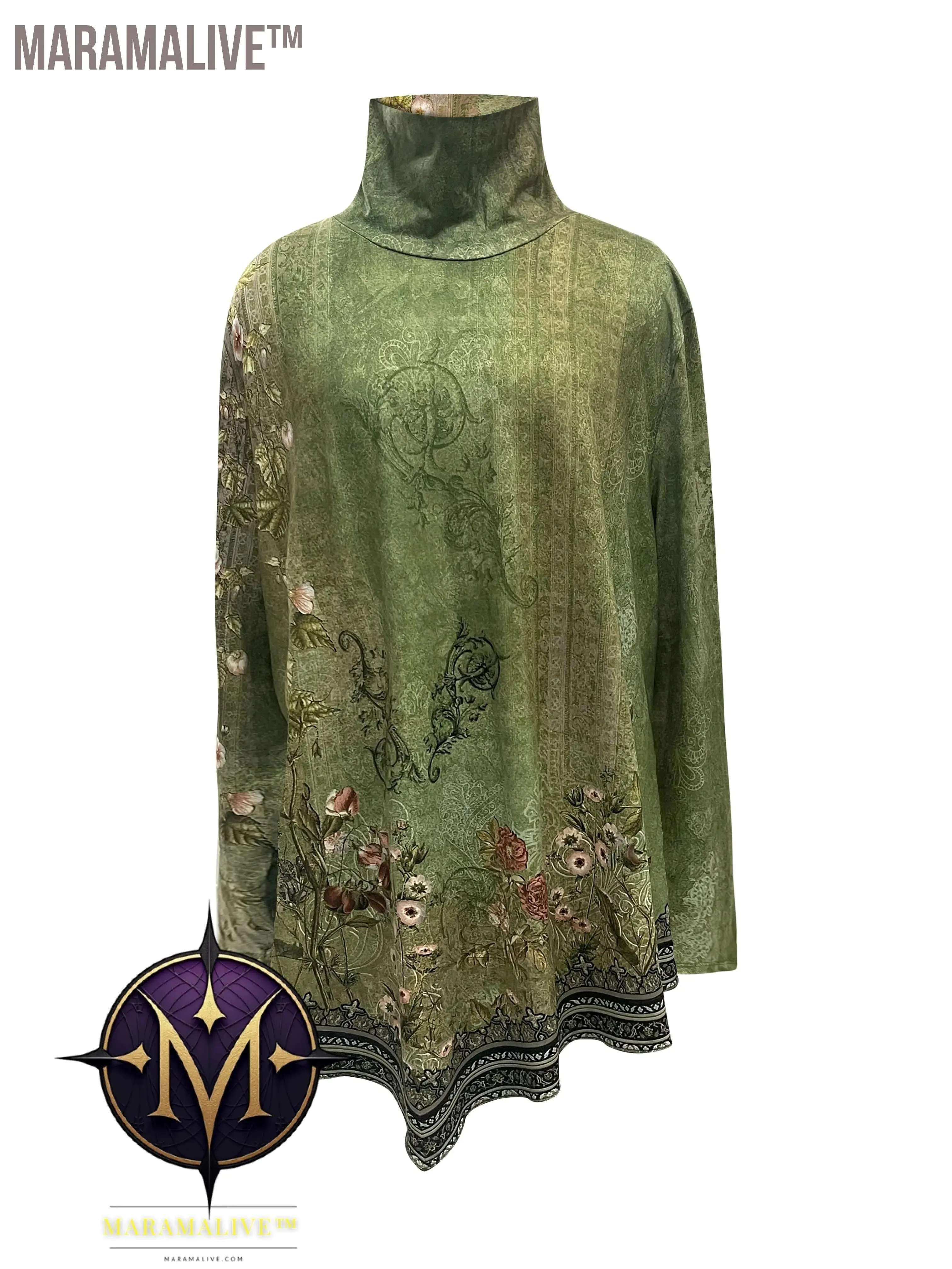 Plus Size Casual Top, Women's Plus Floral Print Long Sleeve High Neck Asymmetric Hem Tunic Top