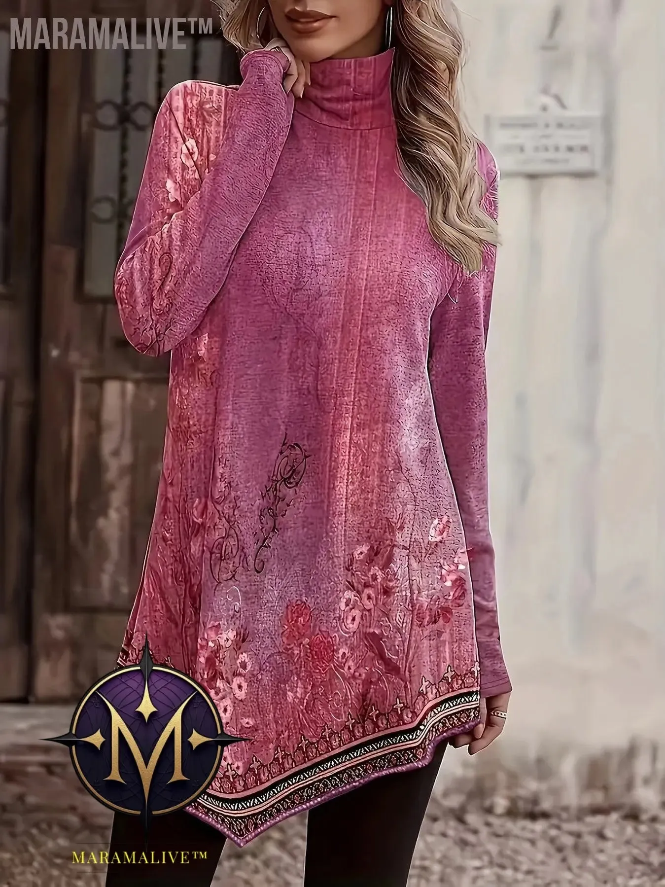 Plus Size Casual Top, Women's Plus Floral Print Long Sleeve High Neck Asymmetric Hem Tunic Top