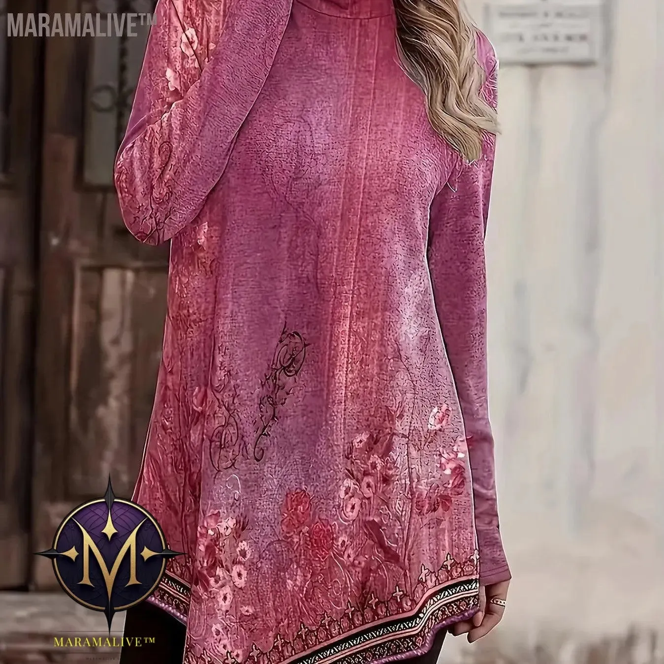 Plus Size Casual Top, Women's Plus Floral Print Long Sleeve High Neck Asymmetric Hem Tunic Top