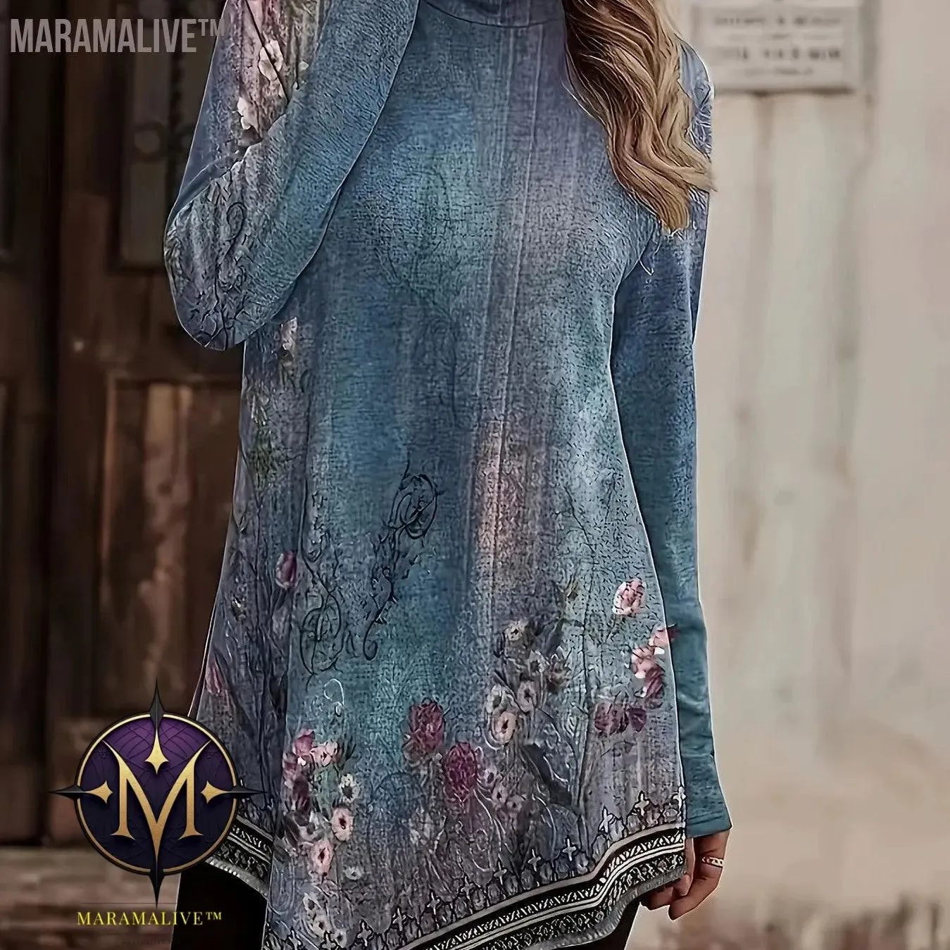 Plus Size Casual Top, Women's Plus Floral Print Long Sleeve High Neck Asymmetric Hem Tunic Top