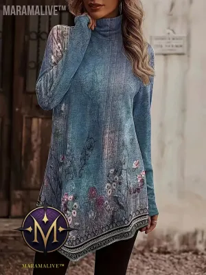 Plus Size Casual Top, Women's Plus Floral Print Long Sleeve High Neck Asymmetric Hem Tunic Top