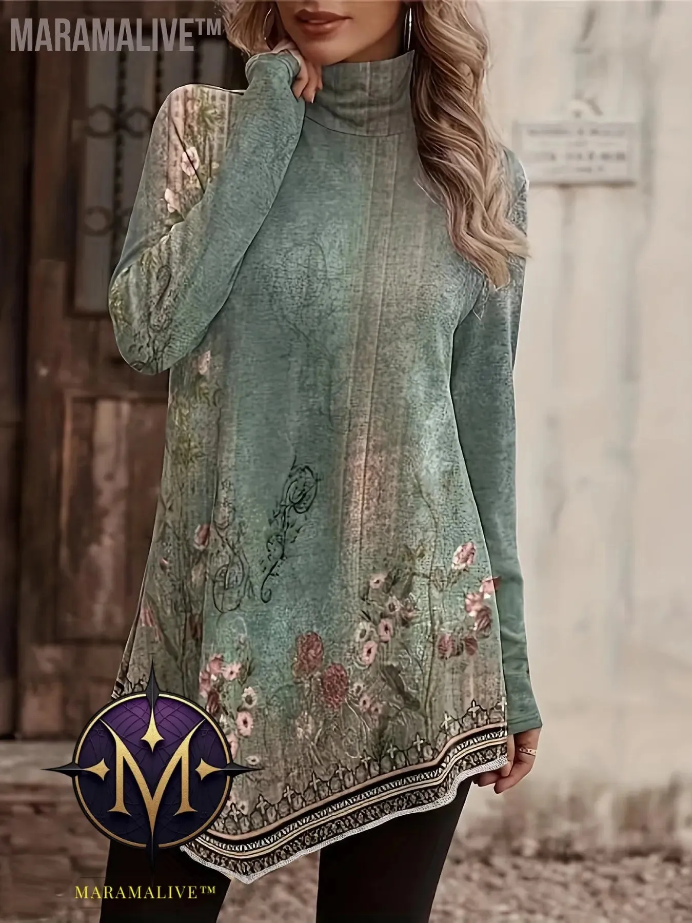 Plus Size Casual Top, Women's Plus Floral Print Long Sleeve High Neck Asymmetric Hem Tunic Top