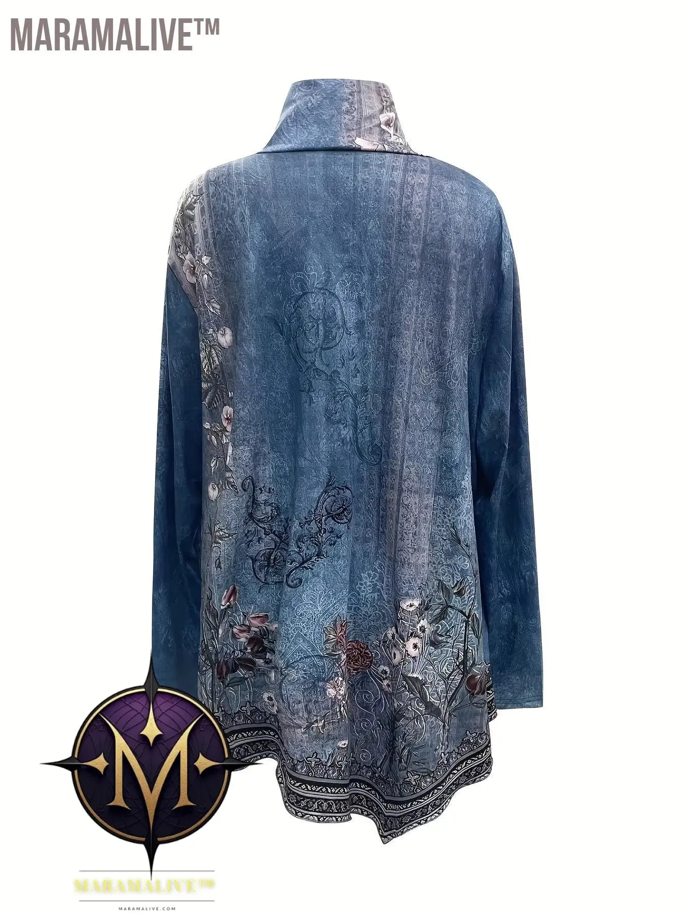 Plus Size Casual Top, Women's Plus Floral Print Long Sleeve High Neck Asymmetric Hem Tunic Top