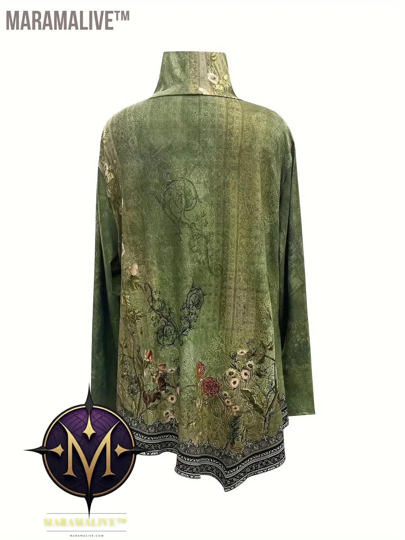 Plus Size Casual Top, Women's Plus Floral Print Long Sleeve High Neck Asymmetric Hem Tunic Top